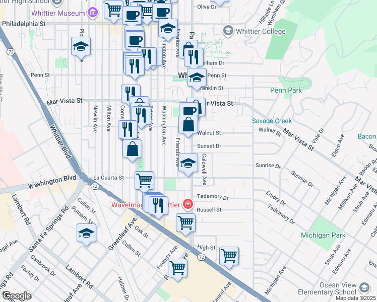 map of restaurants, bars, coffee shops, grocery stores, and more near 7746 Friends Avenue in Whittier
