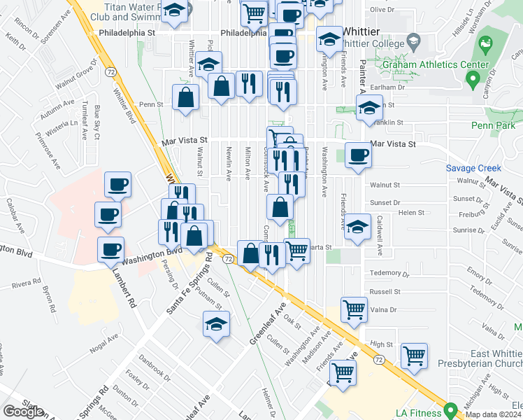 map of restaurants, bars, coffee shops, grocery stores, and more near 7742 Milton Avenue in Whittier