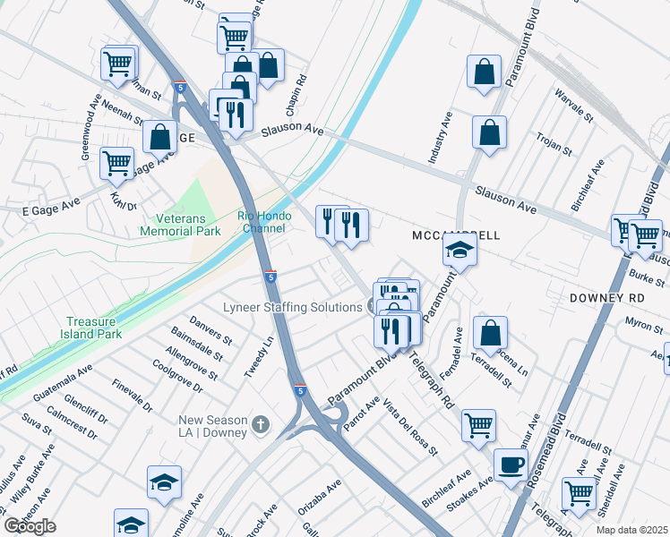 map of restaurants, bars, coffee shops, grocery stores, and more near 8400 Rives Avenue in Downey