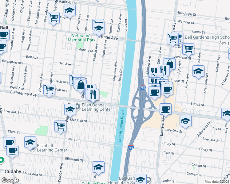 map of restaurants, bars, coffee shops, grocery stores, and more near 7008 Chanslor Avenue in Bell