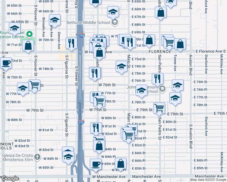 map of restaurants, bars, coffee shops, grocery stores, and more near 212 West 76th Street in Los Angeles
