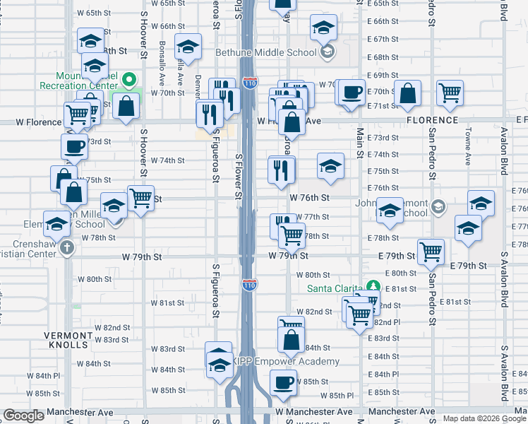 map of restaurants, bars, coffee shops, grocery stores, and more near 326 West 76th Street in Los Angeles