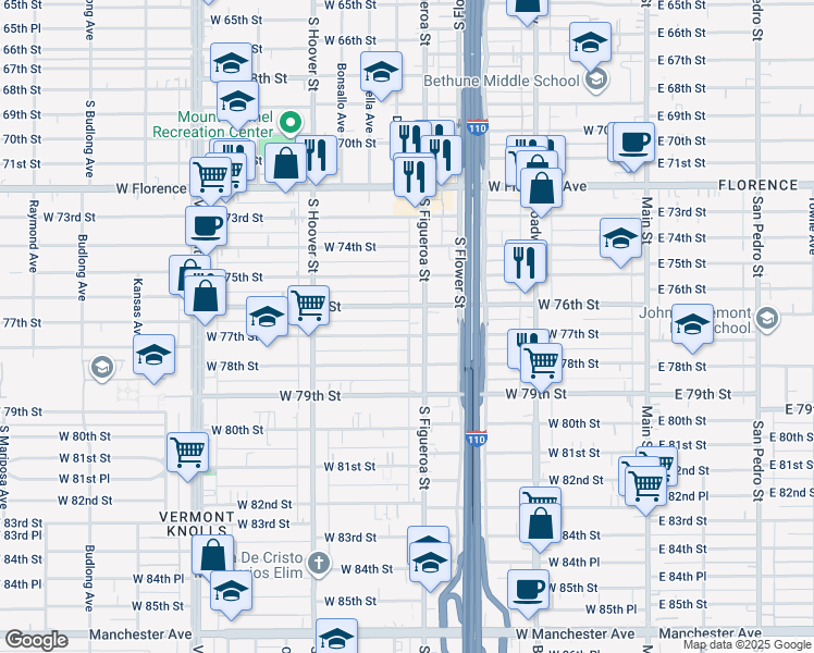 map of restaurants, bars, coffee shops, grocery stores, and more near 538 West 76th Street in Los Angeles