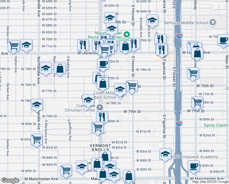 map of restaurants, bars, coffee shops, grocery stores, and more near 920 West 76th Street in Los Angeles