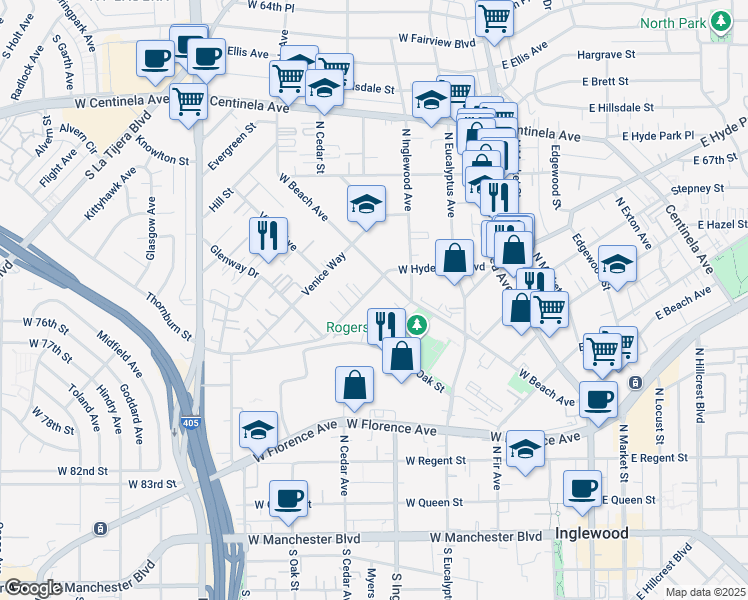 map of restaurants, bars, coffee shops, grocery stores, and more near 618 West Beach Avenue in Inglewood