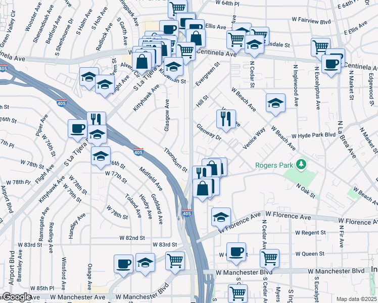 map of restaurants, bars, coffee shops, grocery stores, and more near 7152 Knowlton Place in Los Angeles