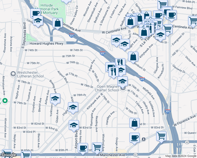 map of restaurants, bars, coffee shops, grocery stores, and more near 5729 West 76th Street in Los Angeles