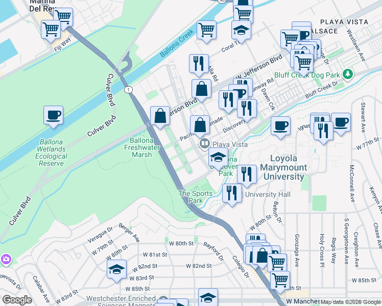 map of restaurants, bars, coffee shops, grocery stores, and more near 6400 Crescent Park East in Los Angeles