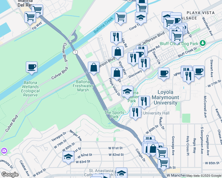 map of restaurants, bars, coffee shops, grocery stores, and more near 6201 Playa Vista Drive in Los Angeles