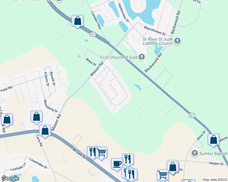 map of restaurants, bars, coffee shops, grocery stores, and more near 138-144 Somerset Drive in Sumter