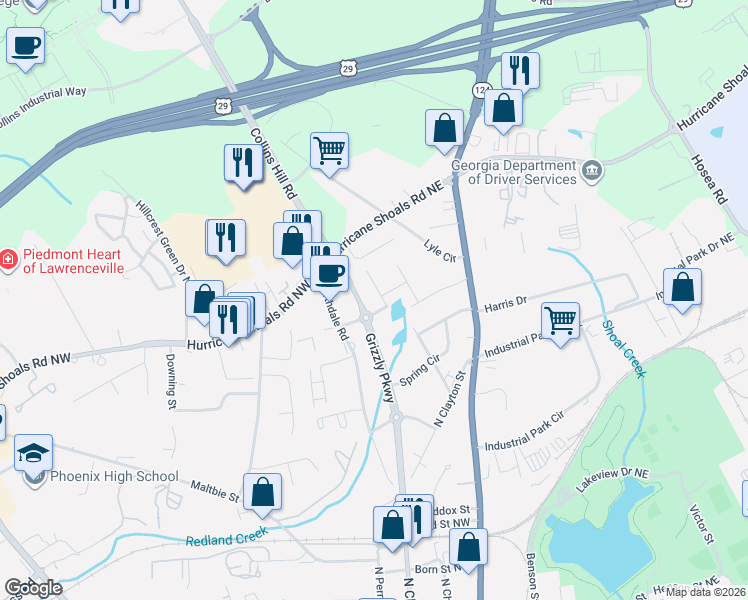 map of restaurants, bars, coffee shops, grocery stores, and more near 517 Anderson Drive in Lawrenceville