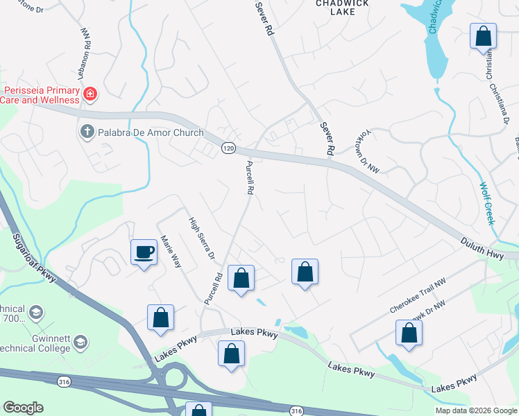 map of restaurants, bars, coffee shops, grocery stores, and more near 1525 Purcell Road in Lawrenceville