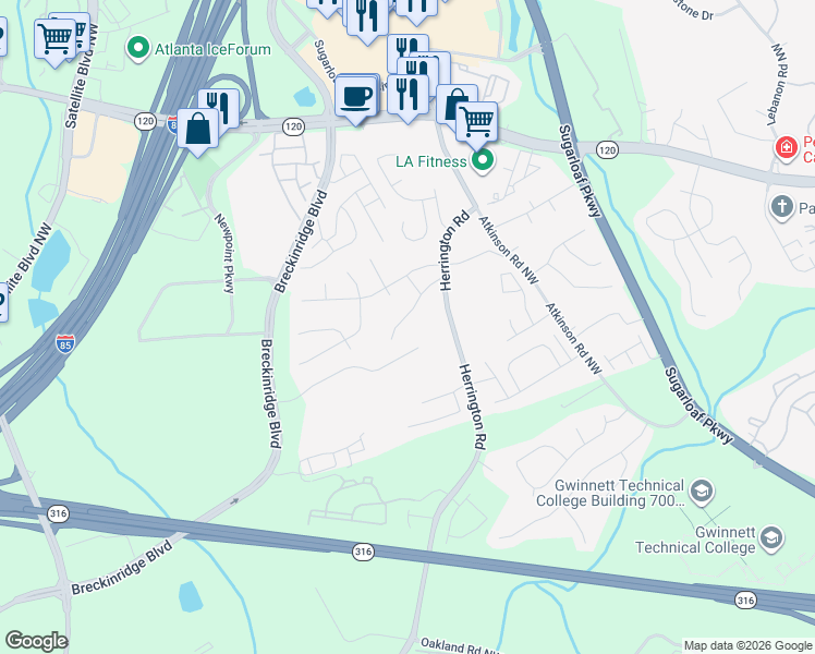 map of restaurants, bars, coffee shops, grocery stores, and more near 1767 Eric Circle in Lawrenceville
