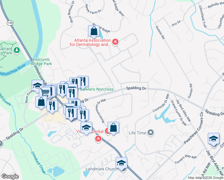 map of restaurants, bars, coffee shops, grocery stores, and more near 6209 Spalding Drive in Peachtree Corners