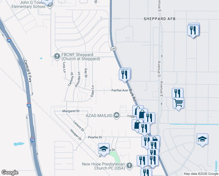 map of restaurants, bars, coffee shops, grocery stores, and more near 1716 Fairfax Avenue in Wichita Falls