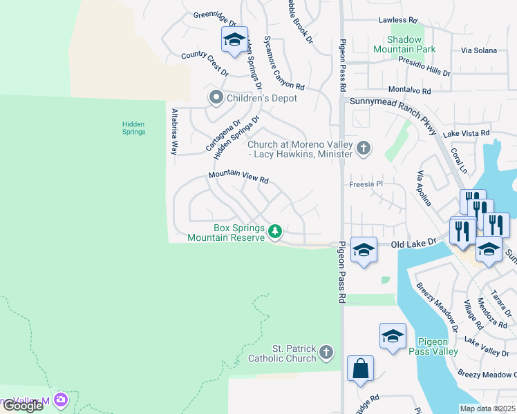 map of restaurants, bars, coffee shops, grocery stores, and more near 22692 Springdale Drive in Moreno Valley