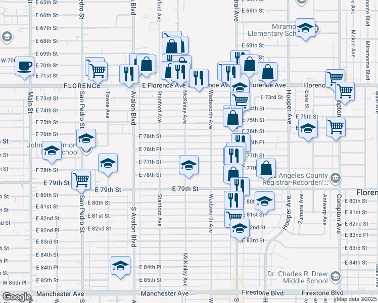 map of restaurants, bars, coffee shops, grocery stores, and more near 804 East 76th Place in Los Angeles