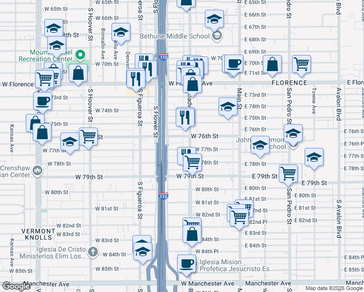 map of restaurants, bars, coffee shops, grocery stores, and more near 326 West 76th Street in Los Angeles