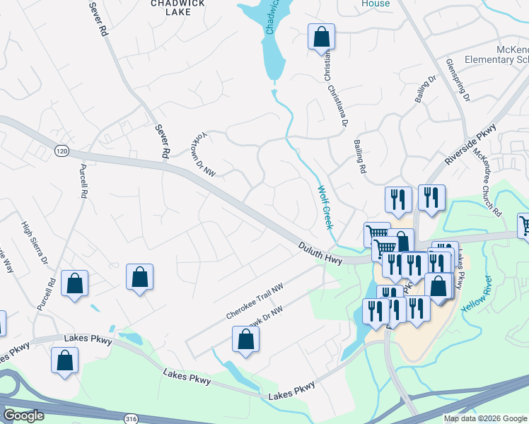 map of restaurants, bars, coffee shops, grocery stores, and more near 1286 Clairmont Court in Lawrenceville