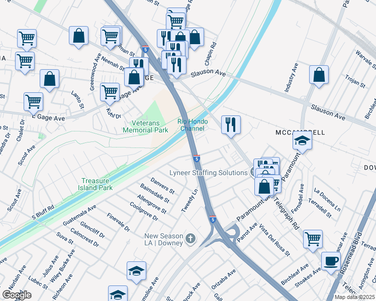 map of restaurants, bars, coffee shops, grocery stores, and more near 7700 Bangle Road in Downey