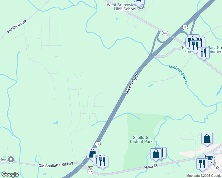 map of restaurants, bars, coffee shops, grocery stores, and more near 4445 East Coast Lane in Shallotte