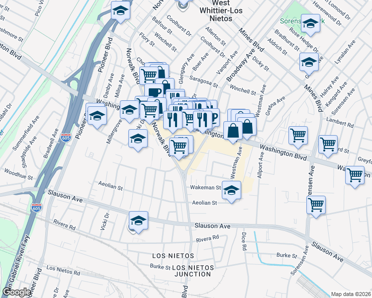 map of restaurants, bars, coffee shops, grocery stores, and more near 8121 Broadway Avenue in Whittier
