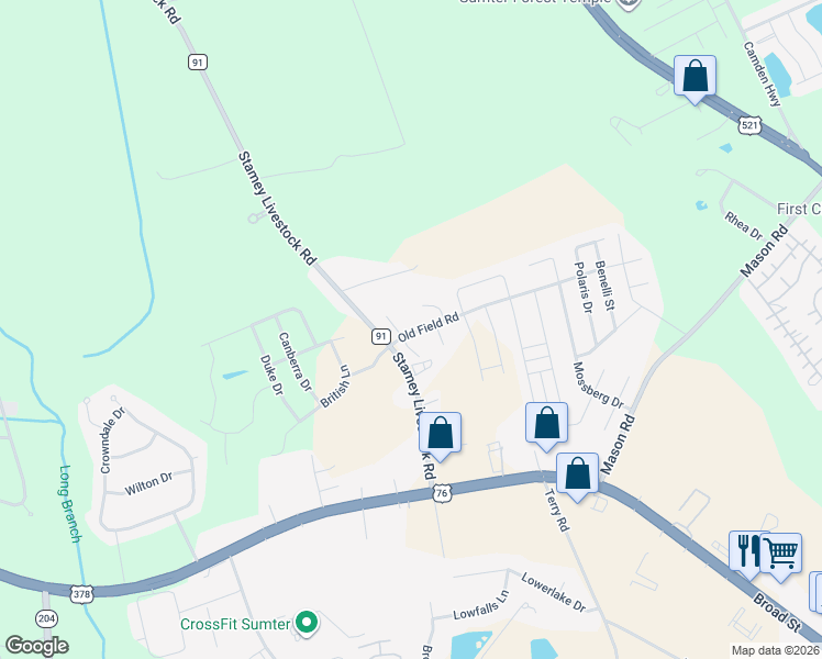 map of restaurants, bars, coffee shops, grocery stores, and more near 2849 Old Field Road in Sumter