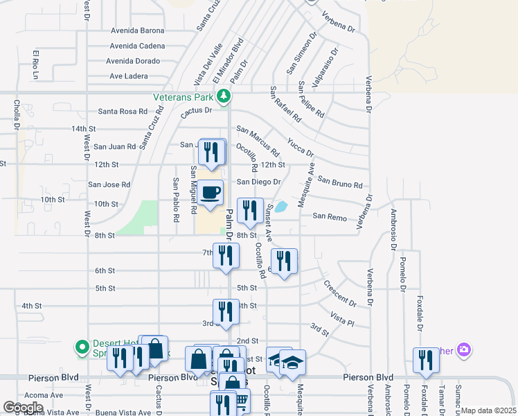map of restaurants, bars, coffee shops, grocery stores, and more near 10748 Ocotillo Road in Desert Hot Springs