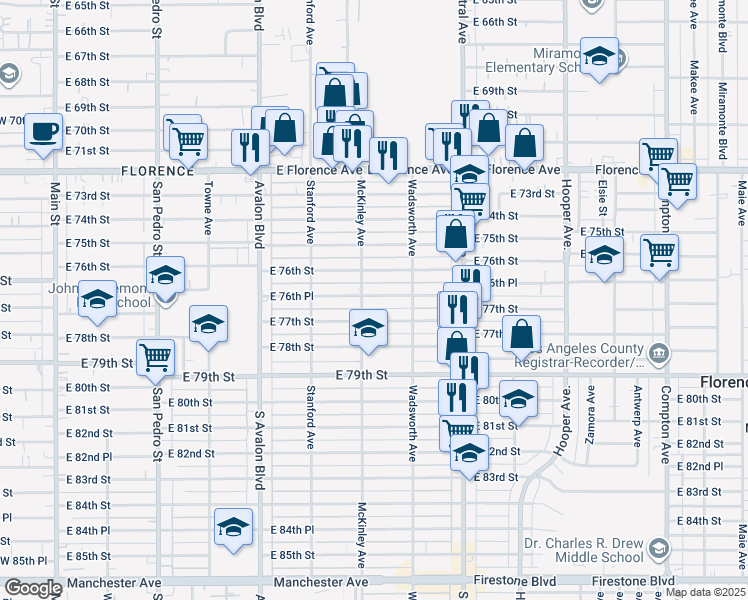 map of restaurants, bars, coffee shops, grocery stores, and more near 814 East 76th Place in Los Angeles