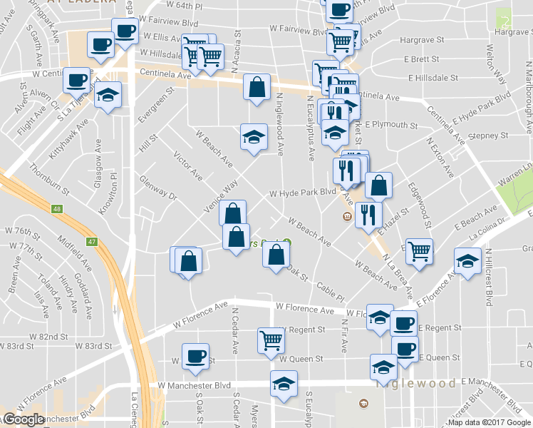 map of restaurants, bars, coffee shops, grocery stores, and more near Pepper Court in Inglewood
