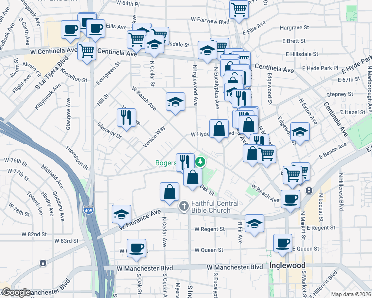 map of restaurants, bars, coffee shops, grocery stores, and more near 618 West Beach Avenue in Inglewood