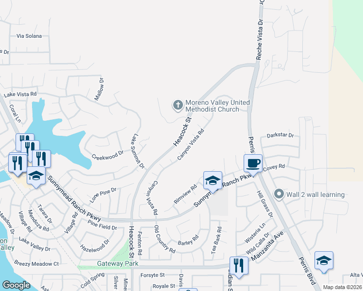 map of restaurants, bars, coffee shops, grocery stores, and more near 24251 Eagle Valley Circle in Moreno Valley