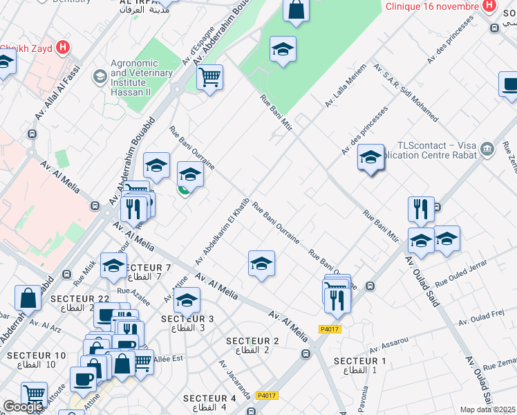 map of restaurants, bars, coffee shops, grocery stores, and more near Rue Bani Ourraine in Rabat