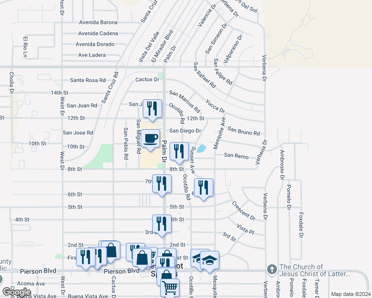 map of restaurants, bars, coffee shops, grocery stores, and more near 10748 Ocotillo Road in Desert Hot Springs