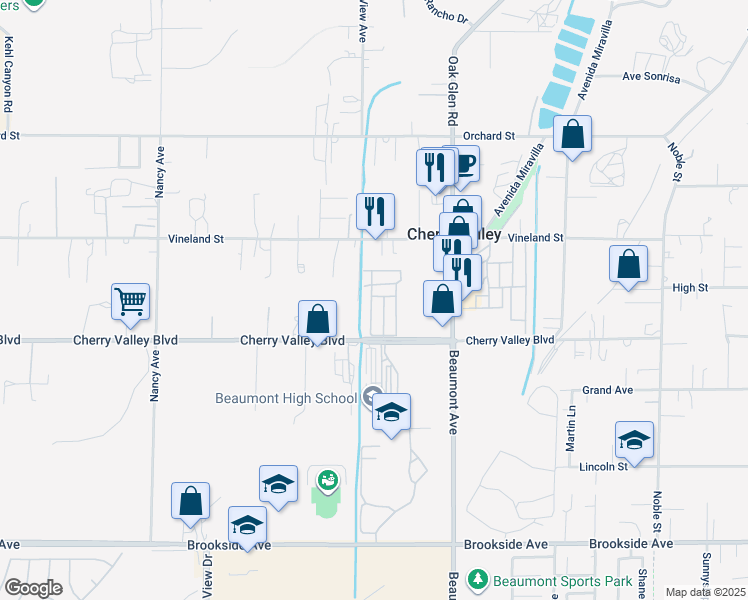 map of restaurants, bars, coffee shops, grocery stores, and more near 39060 Cherry Valley Boulevard in Cherry Valley