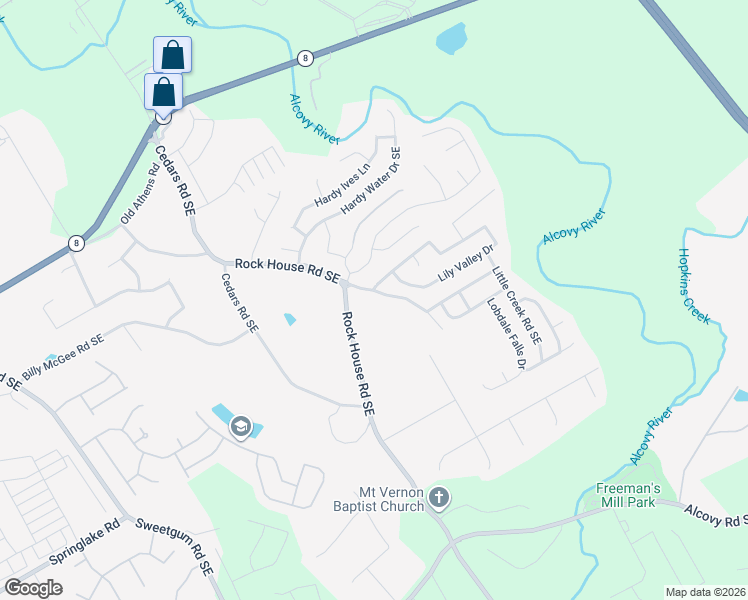 map of restaurants, bars, coffee shops, grocery stores, and more near 221 East Rock House Road in Lawrenceville