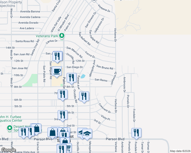 map of restaurants, bars, coffee shops, grocery stores, and more near 66790 San Remo in Desert Hot Springs