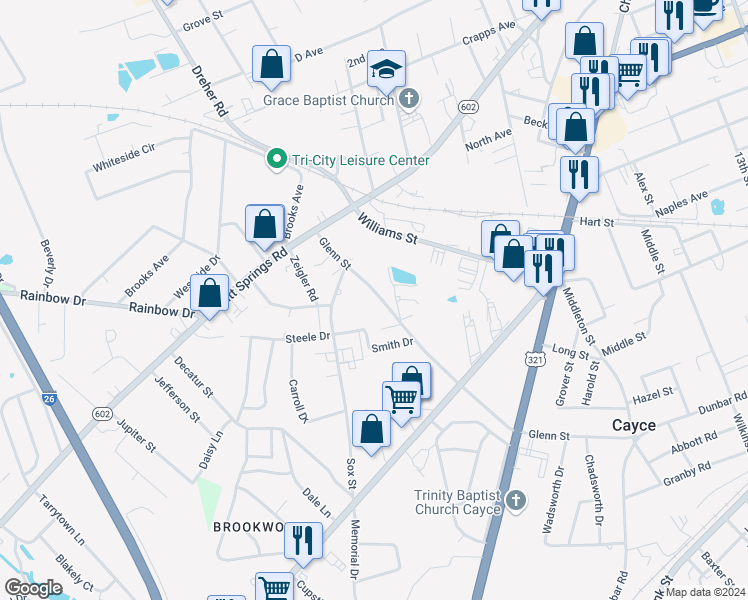 map of restaurants, bars, coffee shops, grocery stores, and more near 940 Glenn Street in West Columbia