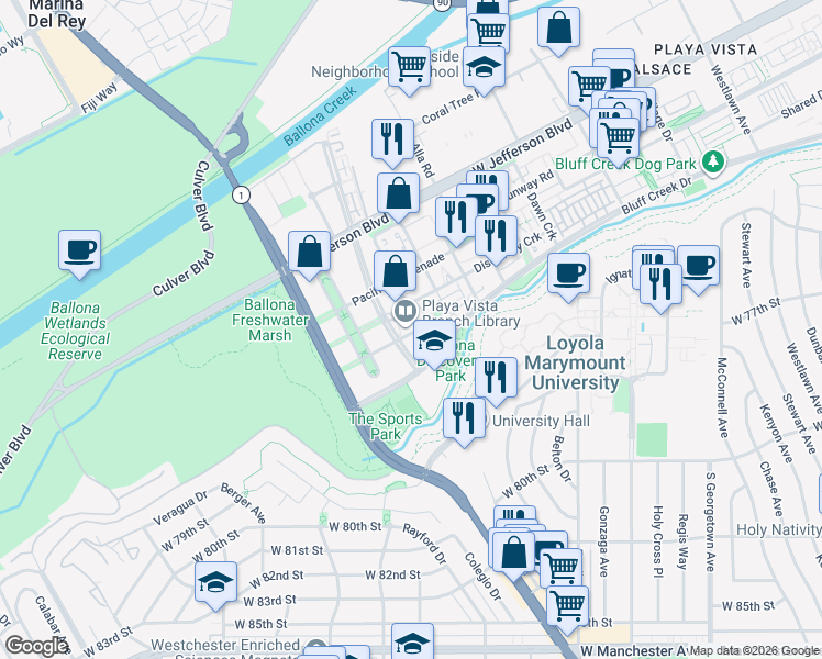 map of restaurants, bars, coffee shops, grocery stores, and more near 6400 Playa Vista Drive in Los Angeles