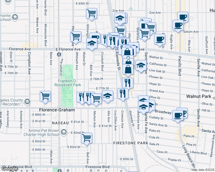 map of restaurants, bars, coffee shops, grocery stores, and more near 2022 East 76th Place in Los Angeles