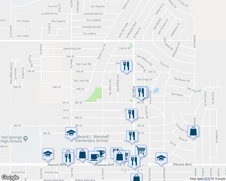 map of restaurants, bars, coffee shops, grocery stores, and more near 10762 San Pablo Road in Desert Hot Springs