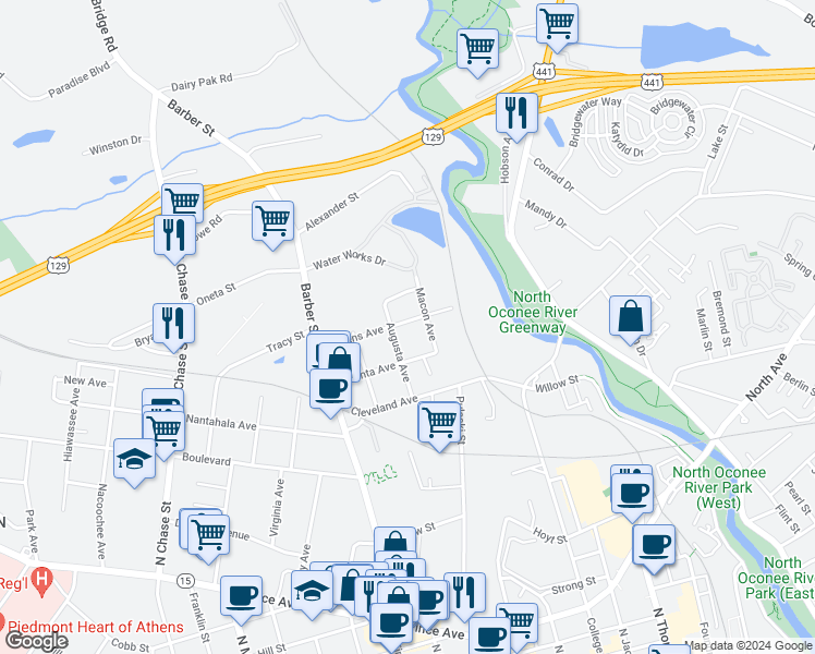 map of restaurants, bars, coffee shops, grocery stores, and more near 440 Athens Avenue in Athens