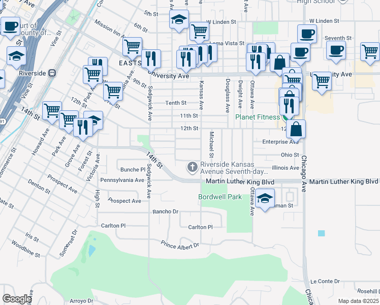 map of restaurants, bars, coffee shops, grocery stores, and more near 2172 Georgia Street in Riverside