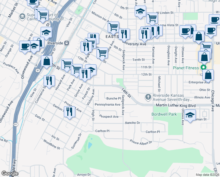 map of restaurants, bars, coffee shops, grocery stores, and more near 2520 14th Street in Riverside