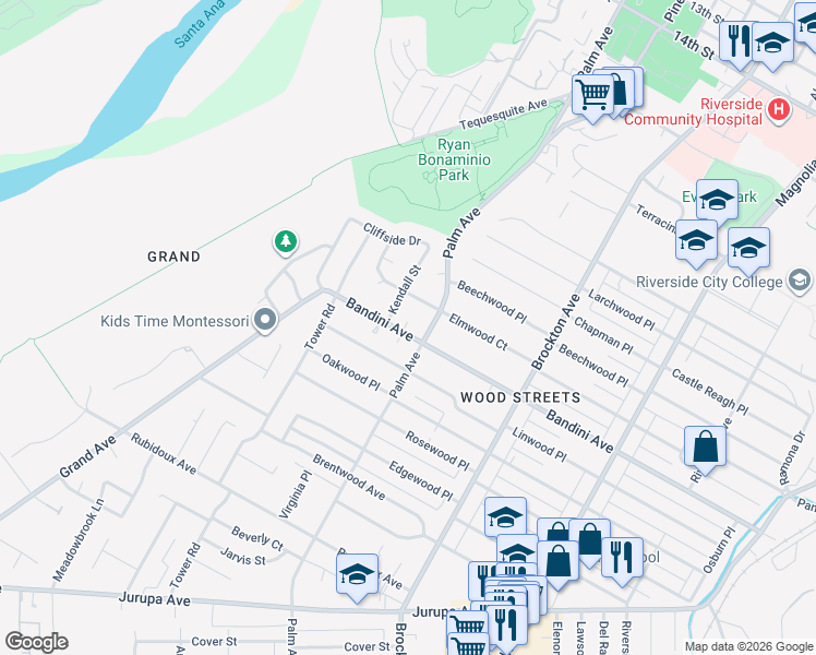 map of restaurants, bars, coffee shops, grocery stores, and more near 4581 Bandini Avenue in Riverside