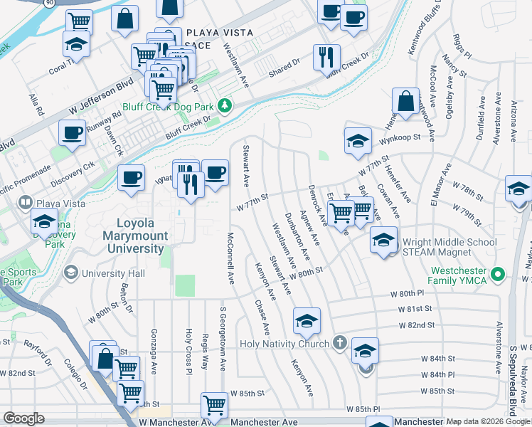 map of restaurants, bars, coffee shops, grocery stores, and more near 7706 Stewart Avenue in Los Angeles