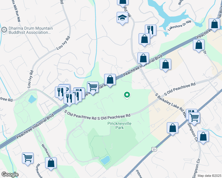 map of restaurants, bars, coffee shops, grocery stores, and more near 4720 Peachtree Industrial Boulevard in Norcross