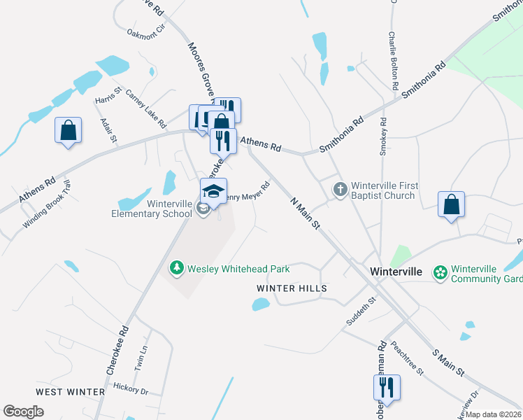 map of restaurants, bars, coffee shops, grocery stores, and more near 105 Springbrook Drive in Winterville