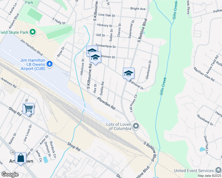 map of restaurants, bars, coffee shops, grocery stores, and more near 1462 Aralia Drive in Columbia
