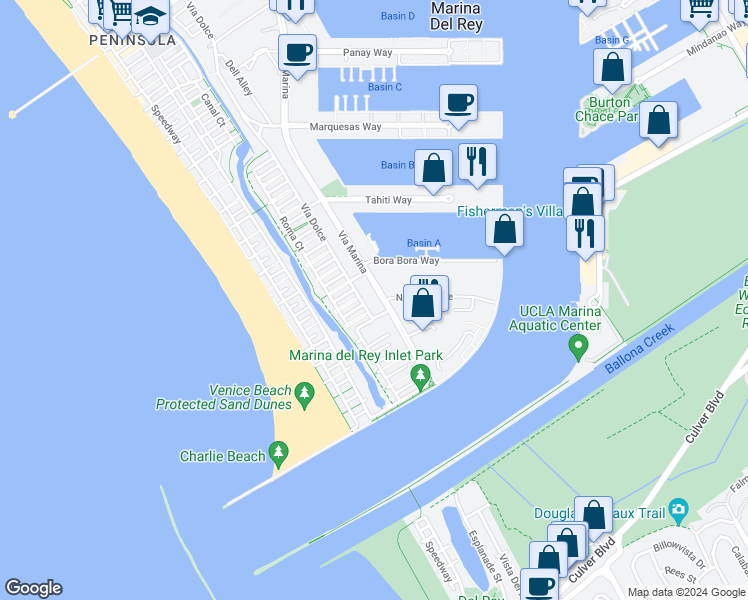 map of restaurants, bars, coffee shops, grocery stores, and more near 306 Bora Bora Way in Marina del Rey